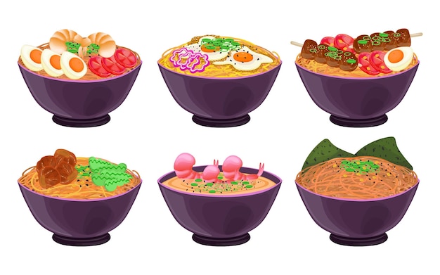 Japanese noodles in bowls illustrations set