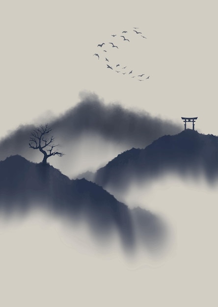 Free Vector japanese themed hand painted mountain landscape