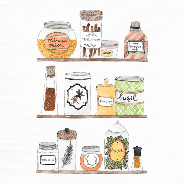 Free vector jars, cans and spices watercolor illustration