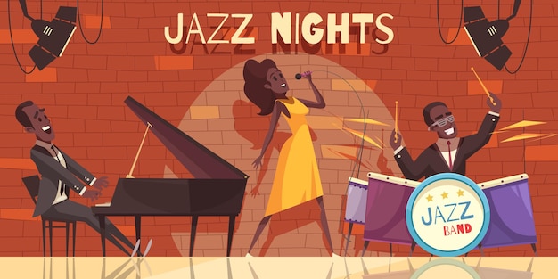 Free Vector jazz  composition with view of night club stage with african american musicians and musical instruments