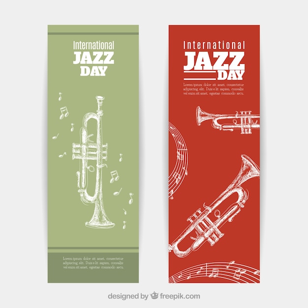 Jazz day banners with trumpet sketches