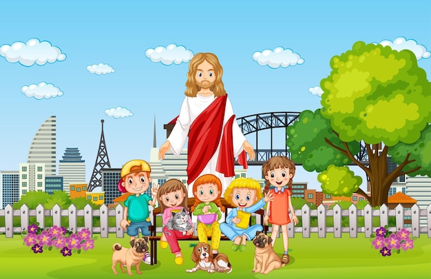 Free Vector jesus and children at the park