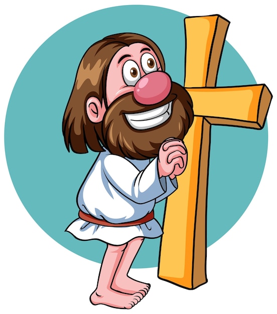 Free vector jesus christ catoon character with cross on white background