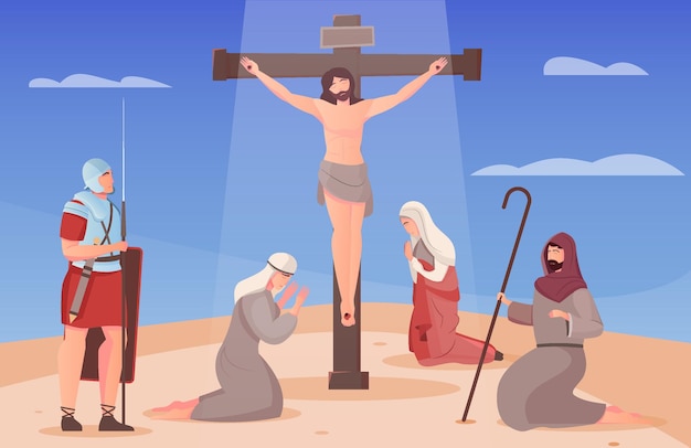 Free Vector jesus christ crucified on cross and people on their knees around him flat illustration