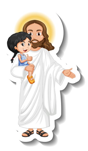 Jesus Christ holding a kids sticker on white background