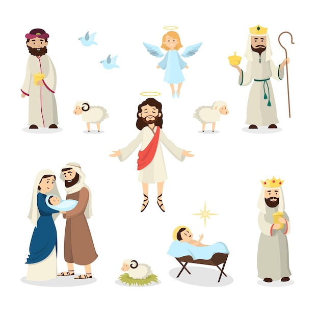 Jesus Christ story illustration with Mary Joseph and sheep