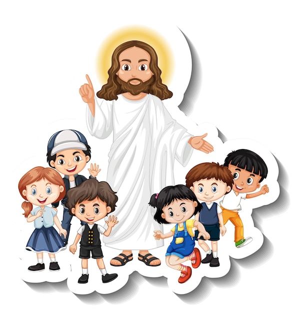 Free vector jesus christ with children group sticker on white background