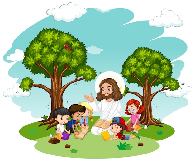 Jesus preaching to a children group cartoon character