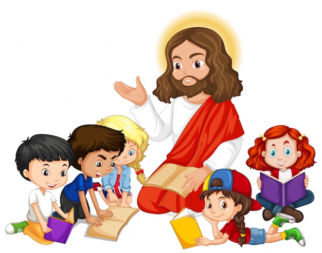 Jesus preaching to a children group cartoon character