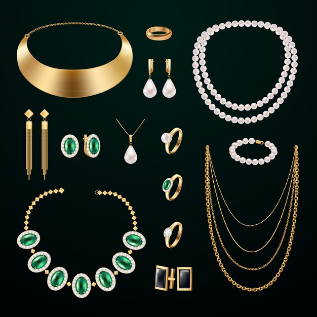 Jewelry accessories realistic set with rings and earrings on black background