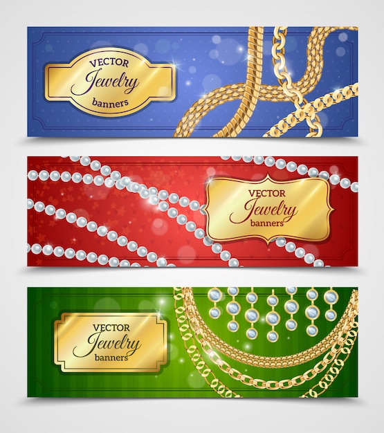 Free Vector jewelry realistic banners set with chains and earrings