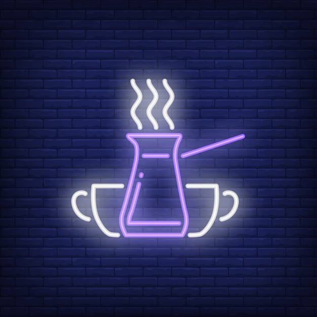 Free Vector jezve turkish coffee pot with steam and cups neon sign