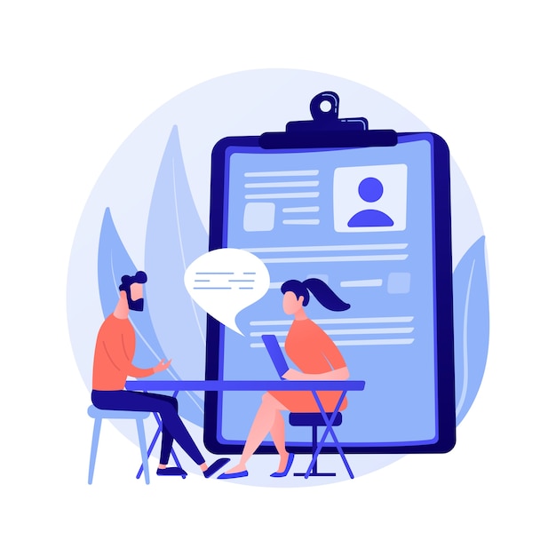 Free Vector job interview process. hiring new employees. hr specialist cartoon character talking to new candidatee. recruitment, employment, headhunting concept illustration