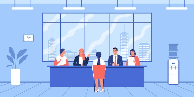 Free Vector job search composition with indoor scenery and character of female applicant sitting in front of employers illustration