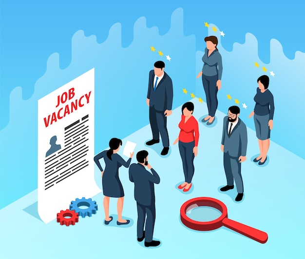 Free Vector job vacancy isometric background with applicants and employers looking into resume sheet vector illustration