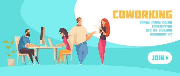 Join to coworking horizontal web banner with group of creative people sitting at laptop and talking over coffee flat  illustration