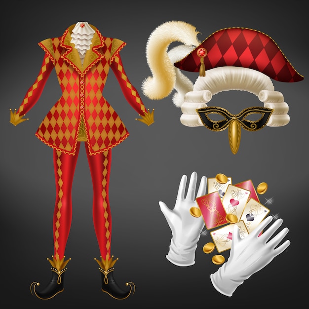 Free Vector joker costume elements realistic  set with checkered red jacket, bicorne hat decorated fluffy feather