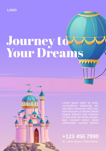 Journey to your dreams. Poster with hot air balloon and fantasy castle.