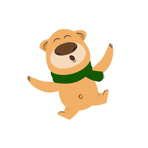 Joyful cartoon bear in green scarf dancing