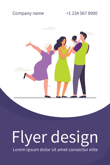 Free Vector joyful grandma an young parents couple enjoying baby. dad holding kid in arms flat flyer template