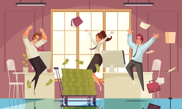 Joyful jumping people illustration with success at work