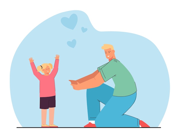 Joyful little daughter running to dad for family hug. Happy girl meeting man with love flat vector illustration. Family, Fathers day, childhood concept for banner, website design or landing web page