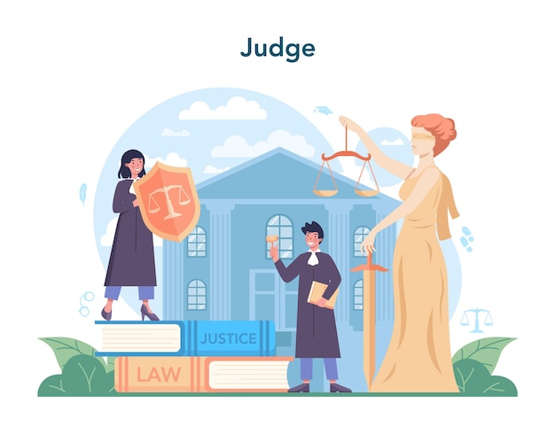 Free Vector judge concept court worker stand for justice and law judge in traditional black robe hearing a case and sentencing judgement and punishment idea isolated flat vector illustration