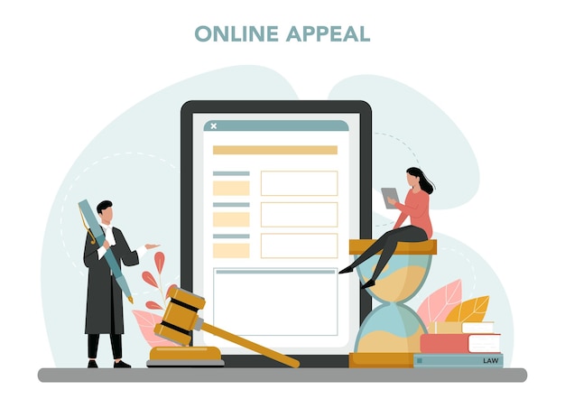 Free vector judge online service or platform court worker stand for justice and law judge in traditional black robe hearing case online appeal flat vector illustration