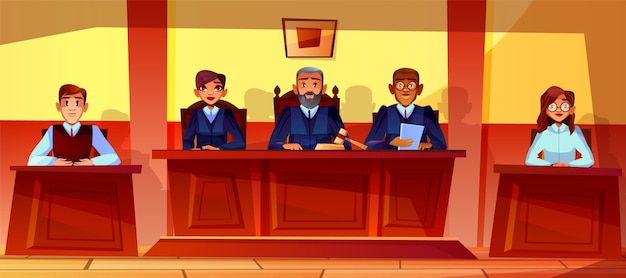 Free Vector judges at court hearing illustration of courtroom interior background. 