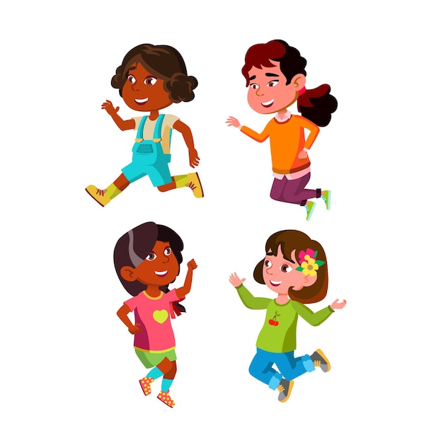 Jumping Kids Girls Celebrate Victory Set Vector Children Girls Jumping With Positive Emotions And Celebrating Happiness Characters Jumper Funny Leisure Time Flat Cartoon Illustrations