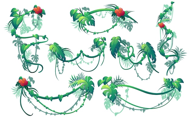 Free vector jungle creeper plants lianas with green leaves and red flowers vector cartoon set of borders of climbing ivy vines curly hanging floral branches isolated on white background