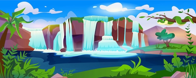 Free Vector jungle forest cartoon landscape with waterfall cascade and green plants