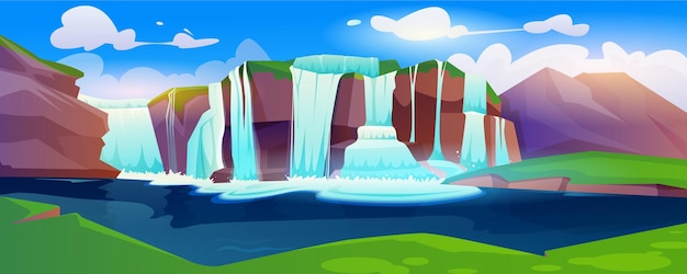 Free Vector jungle forest cartoon landscape with waterfall