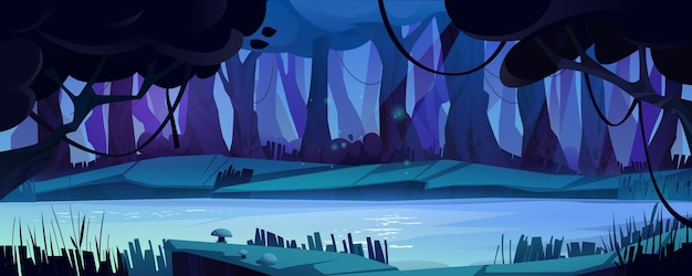 Jungle forest with river lake or swamp at night Dark woods landscape with trees calm river water lianas and mushrooms in moonlight vector cartoon illustration