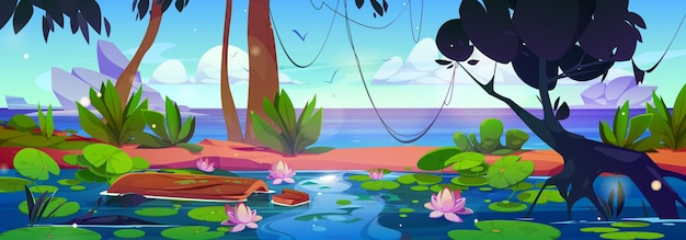 Free Vector jungle lake with lotus flowers