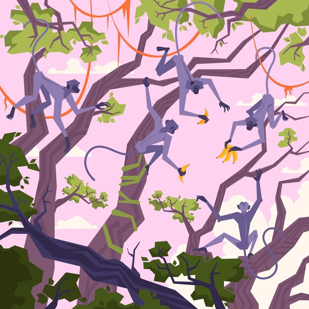 Jungle landscape with tropical trees monkey and bananas illustration