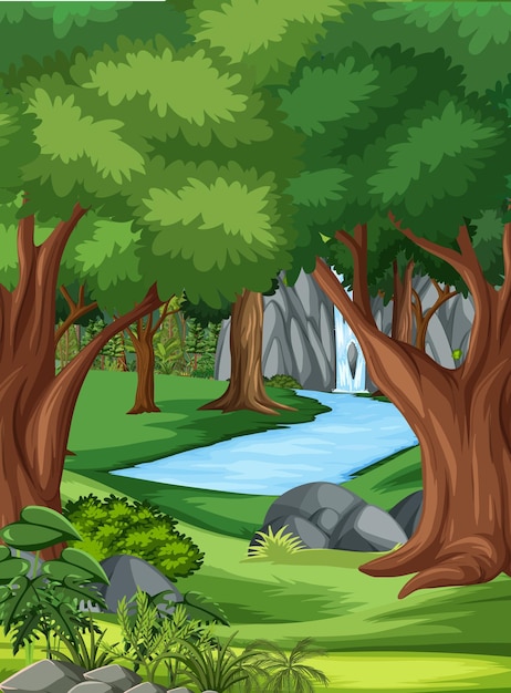 Jungle scene with many trees and waterfall