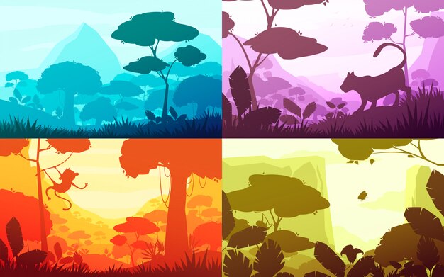 Jungle set of cartoon landscapes with rain forest illustration