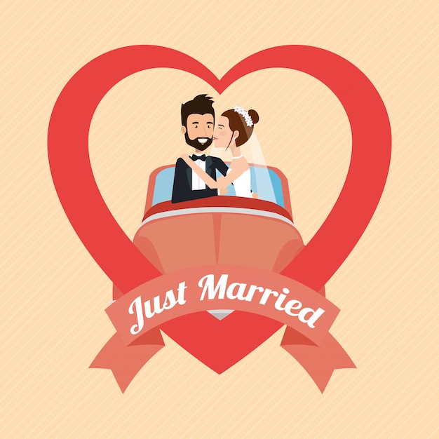 just married couple with car avatars characters