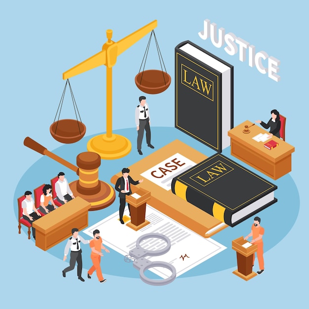 Justice isometric background with judge hammer justice scales handcuffs law code book icons vector illustration