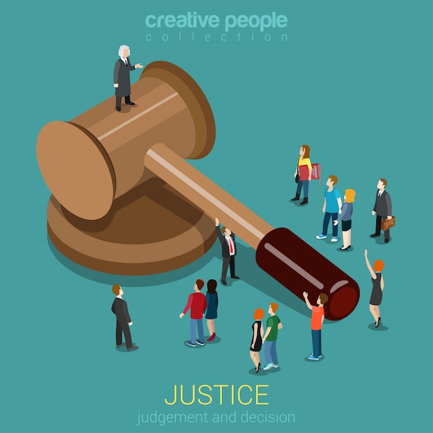 Free Vector justice and law judgment and decision court session judicial sitting concept little micro casual people and judge on gavel flat isometric  .