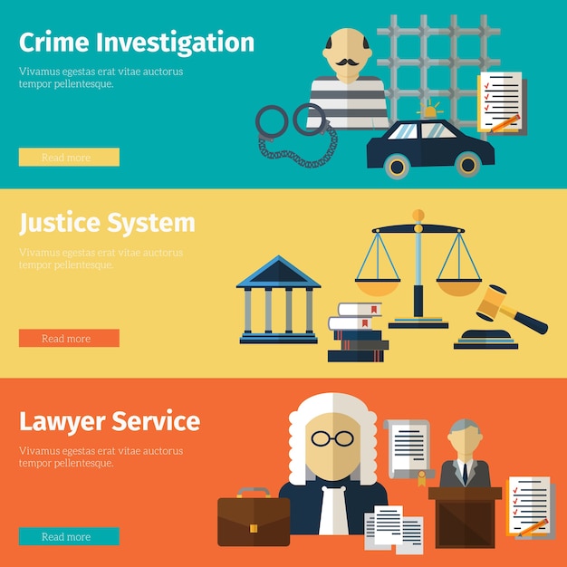 Free Vector justice and lawyer service vector banners set. lawyer and court, justice law illustration