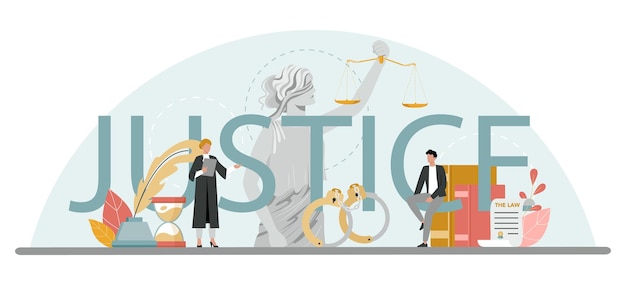 Free Vector justice typographic header court worker stand for justice and law judge in traditional black robe hearing a case and sentencing judgement and punishment idea isolated flat vector illustration