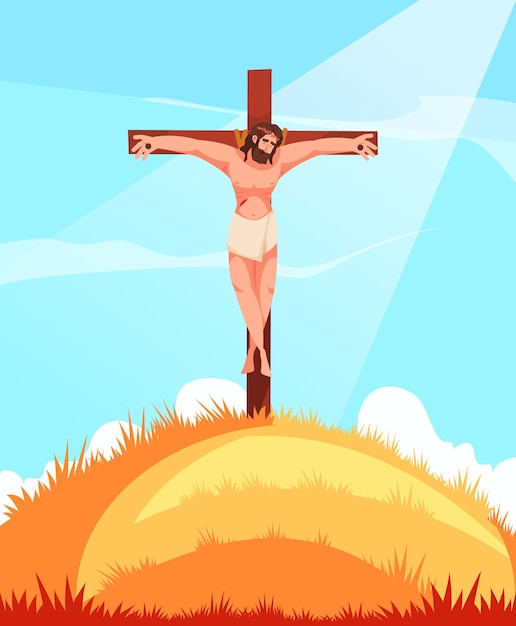 Free Vector jusus christ on crucifixion cross child bible cartoon scene vector illustration