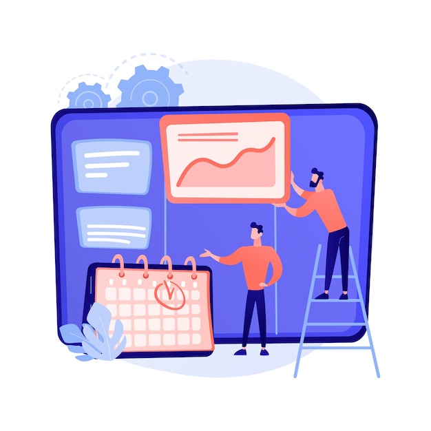 Kanban board with to do lists. Task and time management method. Project process, workflow optimization, organization. KPI performance efficiency concept illustration