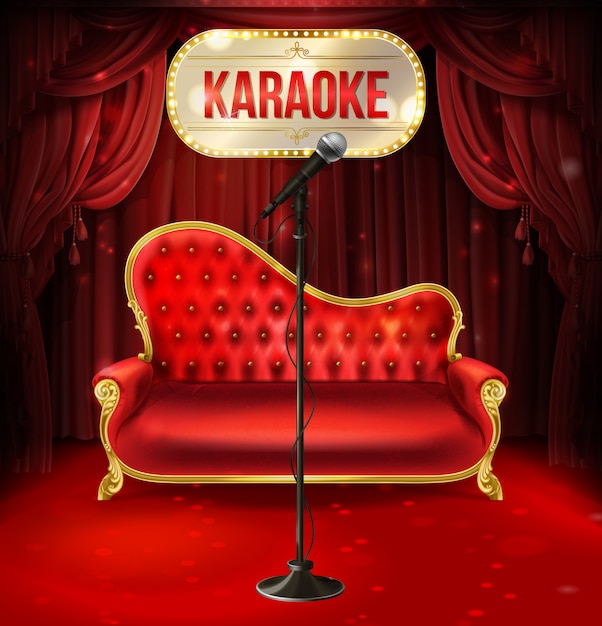 Free vector karaoke concept. red velvet sofa with gilded legs and black microphone for poster