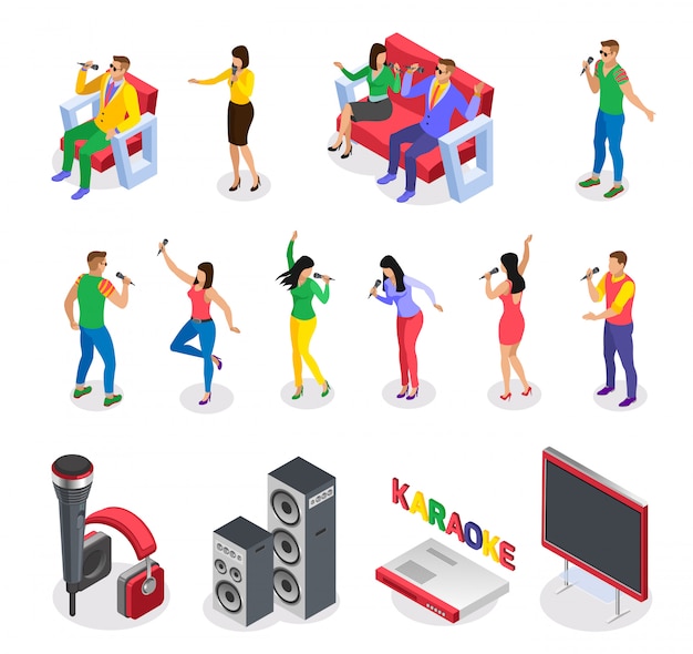 Free Vector karaoke isometric icons collection of isolated images with party people characters furniture loud speakers and text