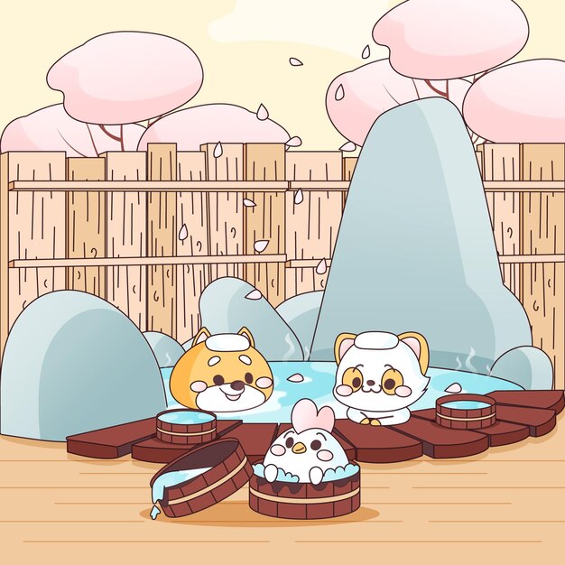 Kawaii animal friends taking a bath in onsen