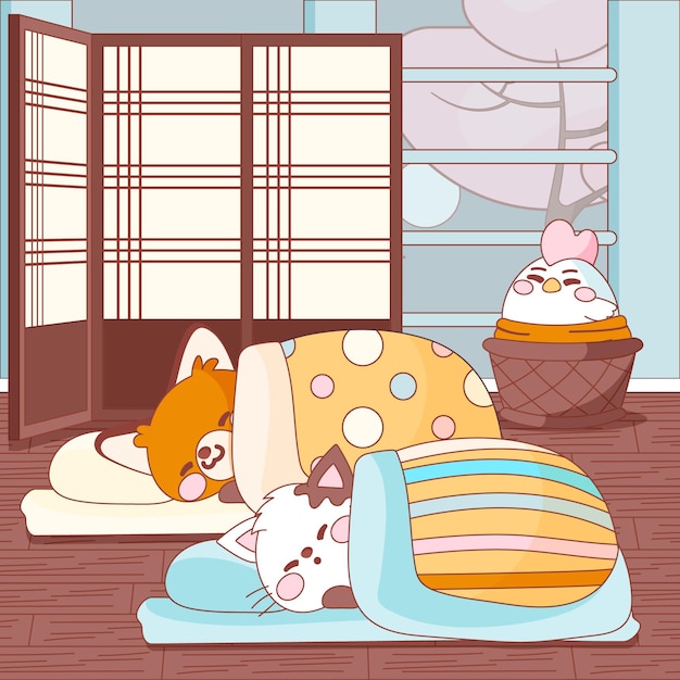 Kawaii animals sleeping on a futon