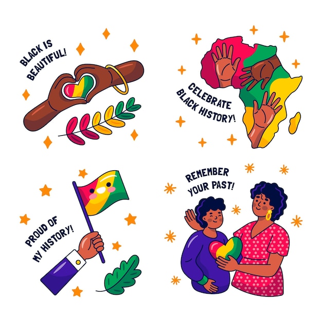 Free Vector kawaii black history month stickers collection